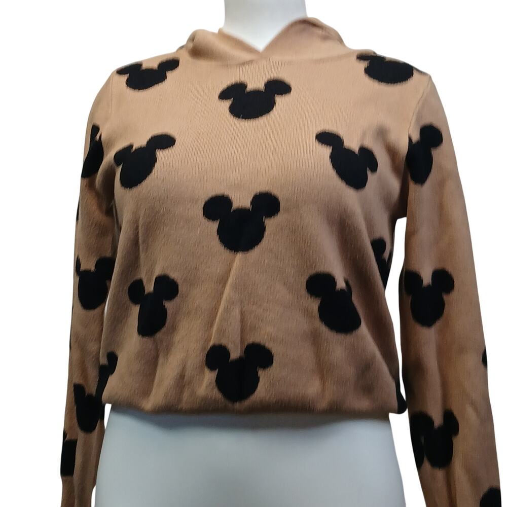 Everlynn Womens SM Brown Black Mickey Print Hooded Knit Sweater Hoodie